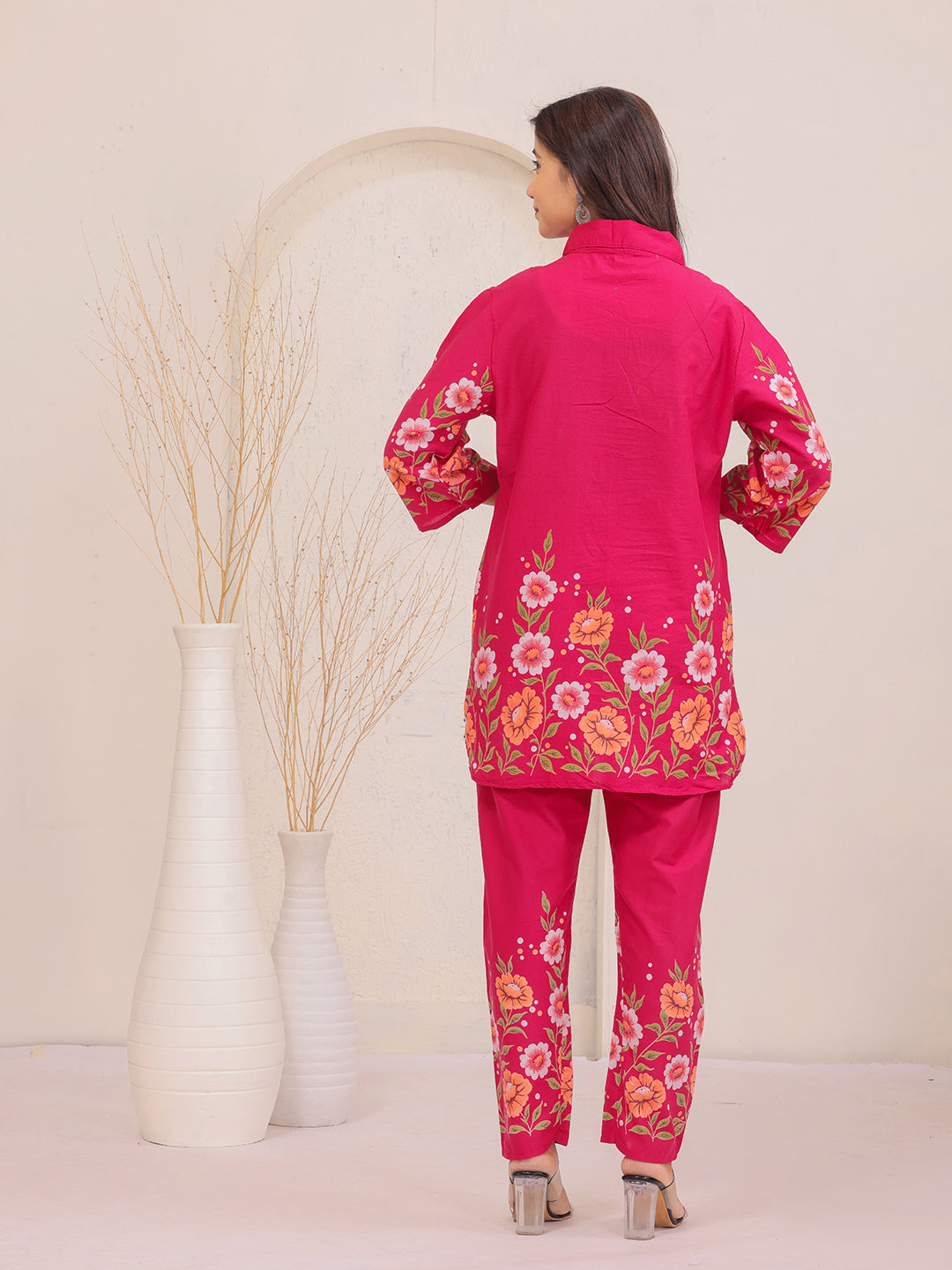 pink coord set , floral print coord set, shirttype coord set , shirt collar coords set , trending co-ord set for women , 2 peace coords set , stylish co-ords set, new fashion coords set> Mitrika