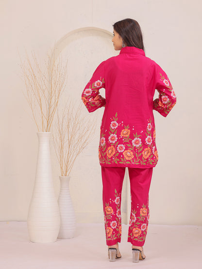 pink coord set , floral print coord set, shirttype coord set , shirt collar coords set , trending co-ord set for women , 2 peace coords set , stylish co-ords set, new fashion coords set> Mitrika