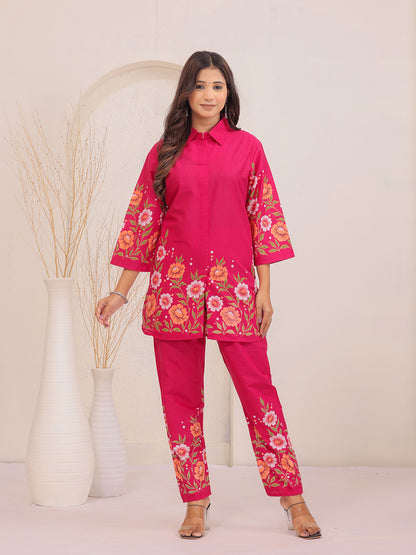 trending co-ords set, co-ords set for women , rani pink co-ords set, floral print co-ords set , new arrival co-ords set > Mitrika 