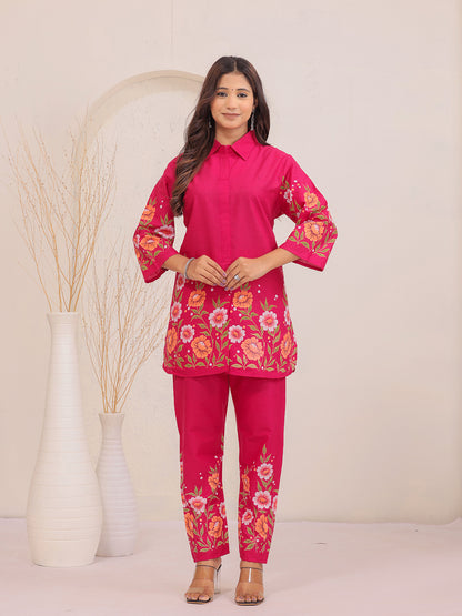 Pink Floral Printed Cotton Shirt Collar Co-Ord Se, trending co-ords set, rani pink co-ords set, stylish coords set > Mitrika