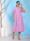 Mitrika Pink V-Neck Puff Sleeve with elastic Hem Midi Dress