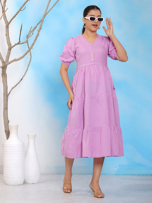Pink V-neck midi dress, puff sleeve dress with elastic hem, cotton summer dress, casual midi dress, women's pink outfit, A-line midi dress. > Mitrika