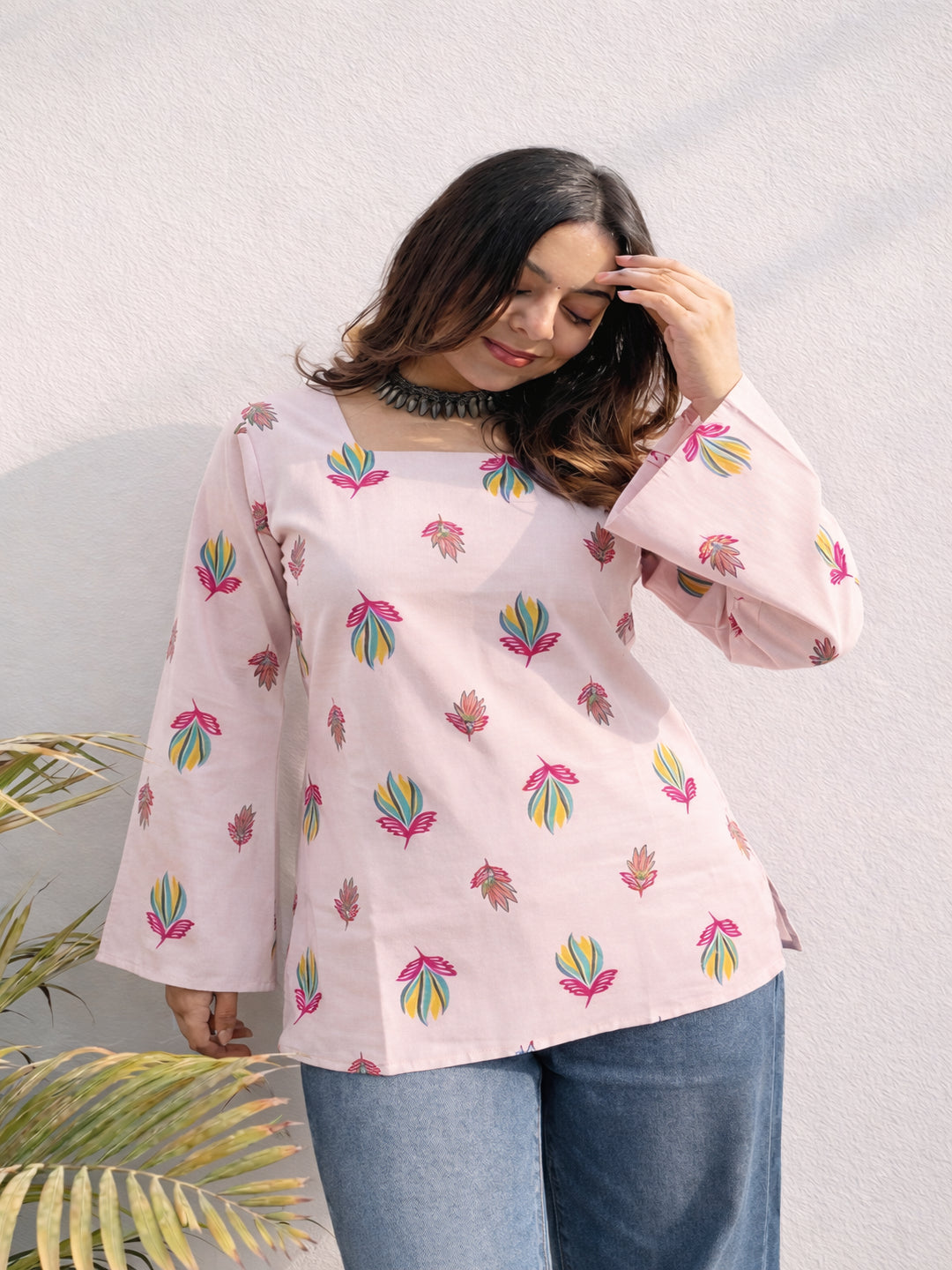 pink floral short kurti, square neck short kurti for girls and womens , stylish short kurti top, bell sleeve style kurti top for girl , hip lenght kurti, full sleeve kurti top > Mitrika