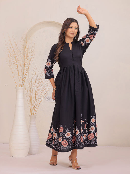 Premium Black Floral Printed Fit & Flare Dress with 3/4 Sleeves