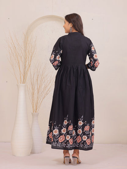 Premium Black Floral Printed Fit & Flare Dress with 3/4 Sleeves