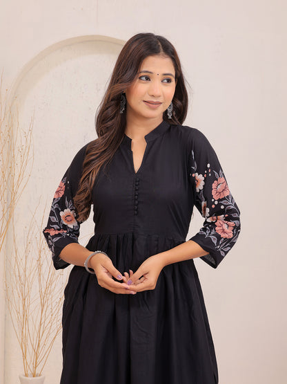 Premium Black Floral Printed Fit & Flare Dress with 3/4 Sleeves