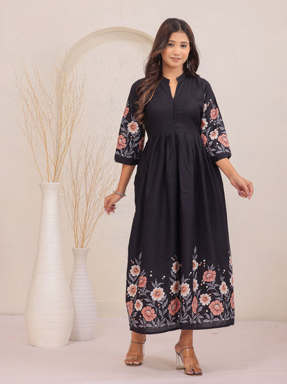 Premium Black Floral Printed Fit & Flare Dress with 3/4 Sleeves