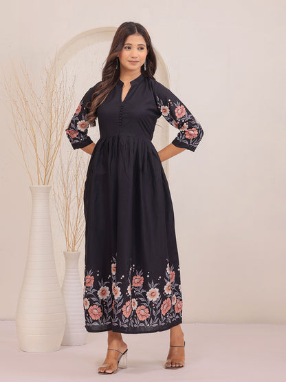 Premium Black Floral Printed Fit & Flare Dress with 3/4 Sleeves