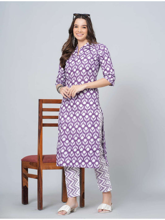 Purple kurta set, floral printed cotton kurta, ethnic cotton suit set, women’s kurta with pants, casual festive kurta set > Mitrika