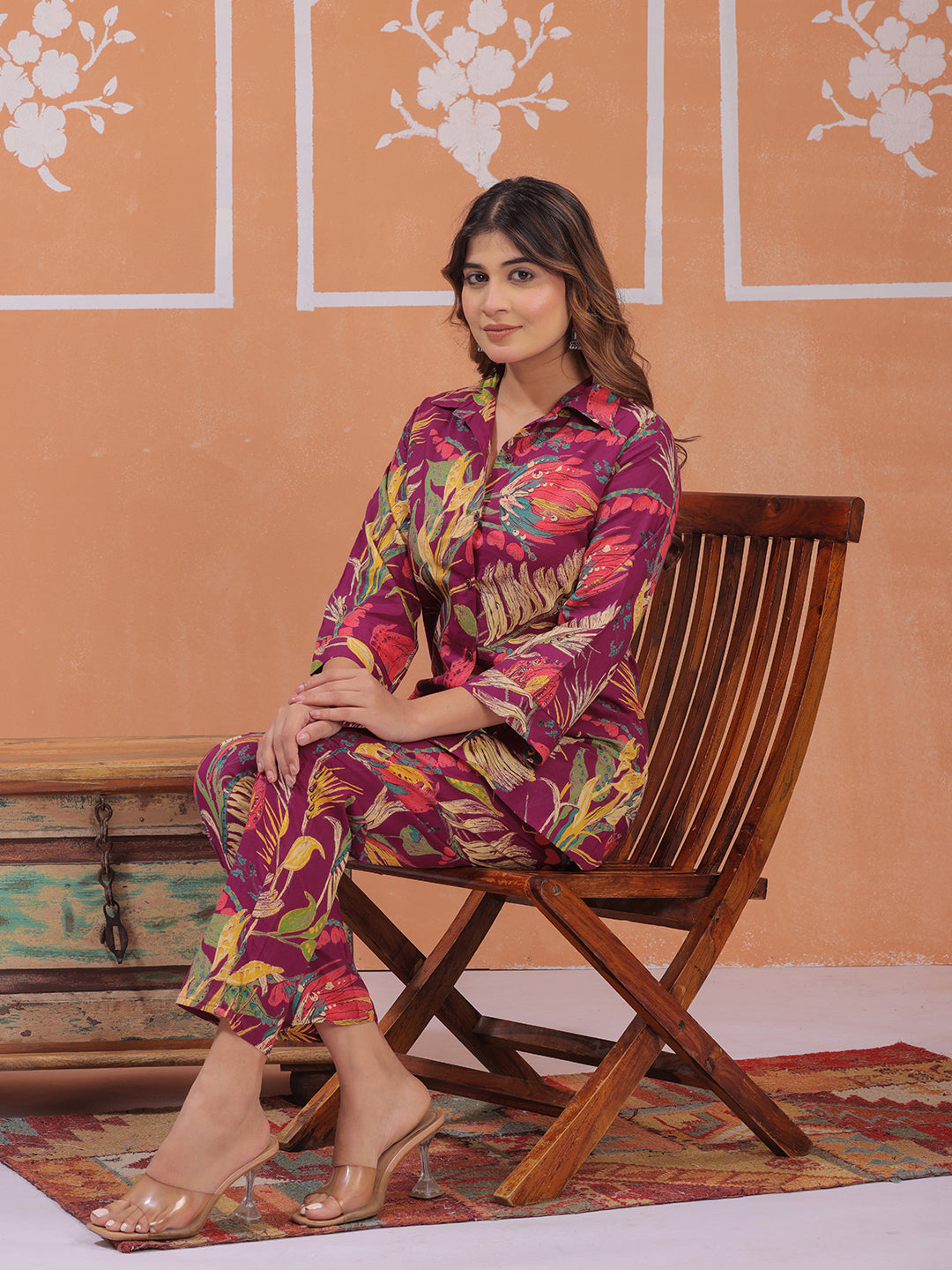 Mitrika women’s purple tropical co-ord set with shirt and matching straight pants