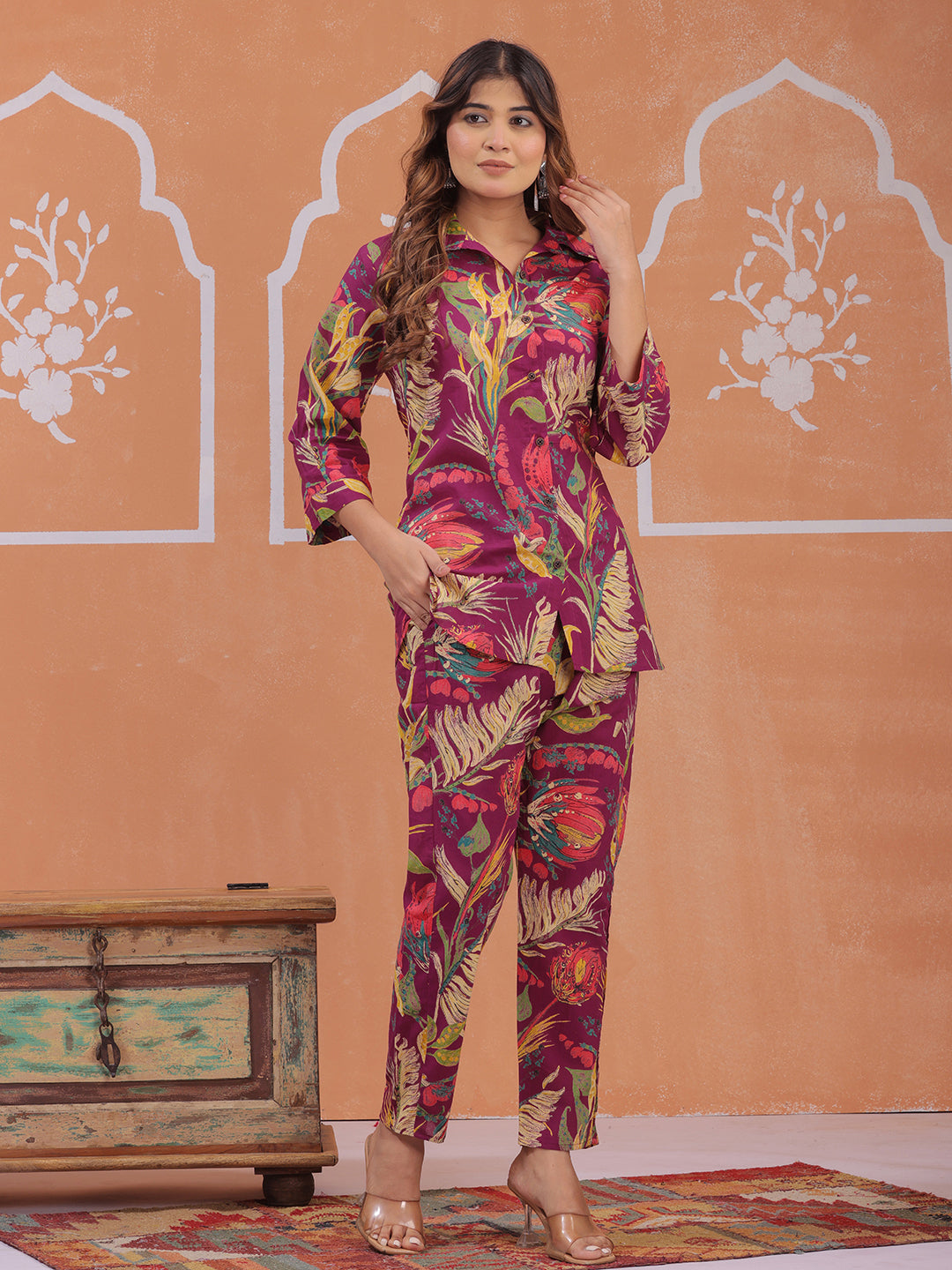 Women’s purple shirt and pant co-ord set with tropical print by Mitrika