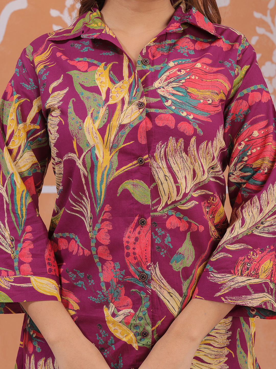 Mitrika tropical print co-ord set – purple shirt and straight pant for women