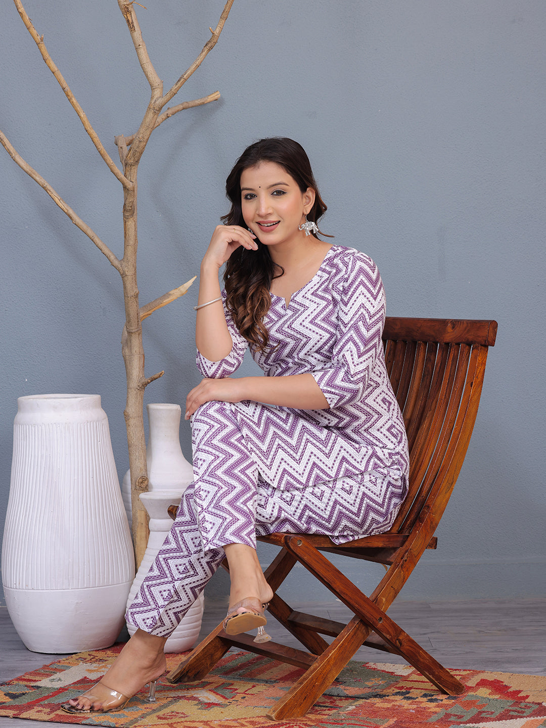 purple white cotton kurta set, zigzag print kurta pants, women’s cotton ethnic wear, casual cotton kurta set, office wear kurta set, printed kurta pants, daily wear cotton kurta, 3/4 sleeve kurta set, straight fit kurta pants, breathable summer kurta set > Mitrika