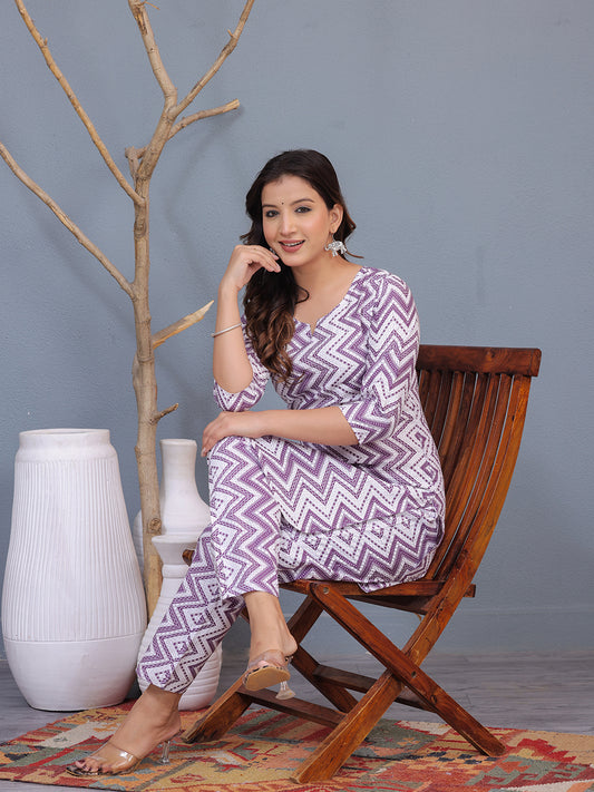 purple white cotton kurta set, zigzag print kurta pants, women’s cotton ethnic wear, casual cotton kurta set, office wear kurta set, printed kurta pants, daily wear cotton kurta, 3/4 sleeve kurta set, straight fit kurta pants, breathable summer kurta set > Mitrika