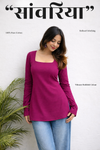 Solid Purple Straight Regular Fit Cotton Short Kurti with Square Neck & Full Sleeves