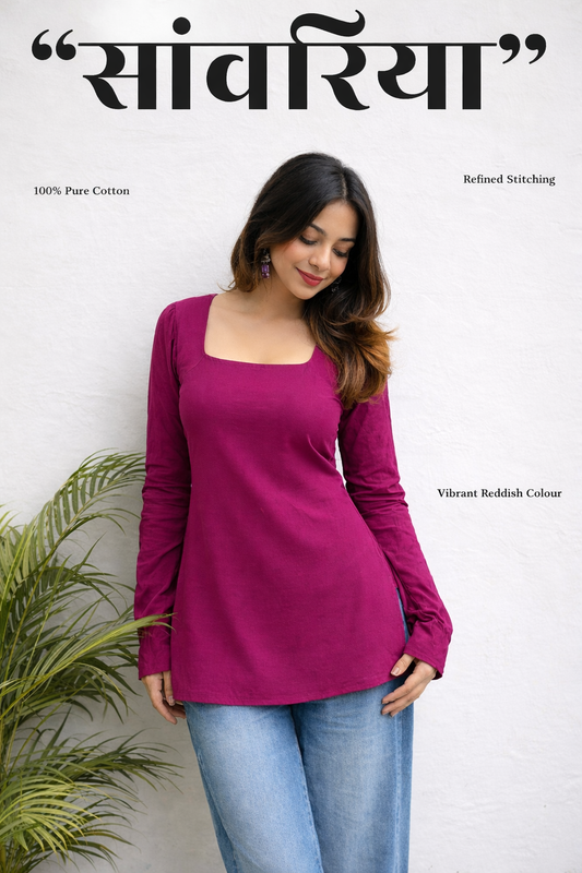 Mitrika solid purple cotton short kurti with square neck and full sleeves