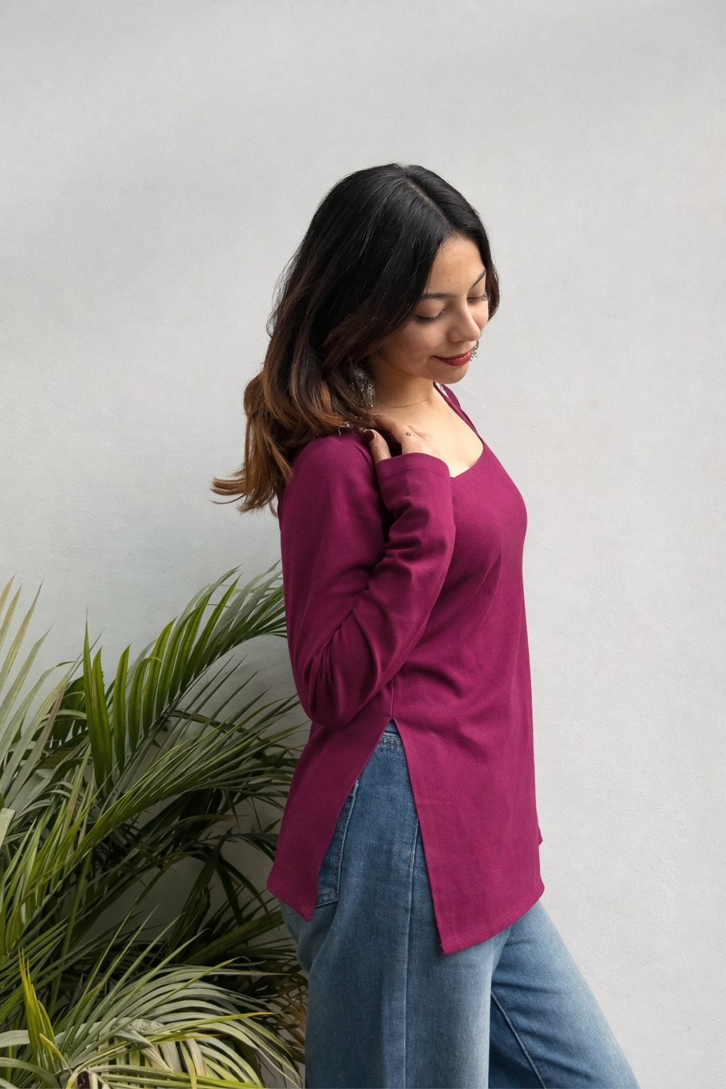 Straight regular fit purple cotton short kurti for women