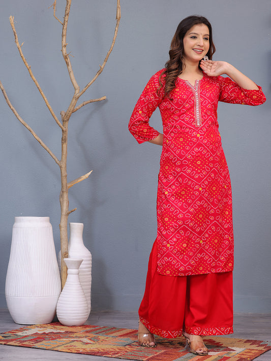 Red Bandhani kurta palazzo set, cotton Bandhani print sharara set, ethnic kurta with wide pants, festive wear kurta set for women, traditional printed kurta set, red kurta palazzo for ladies, 3/4 sleeve Bandhani kurta, daily wear ethnic set women, stylish cotton sharara >Mitrika