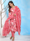 Mitrika Red Floral Printed Cotton Kurta Set with Dupatta