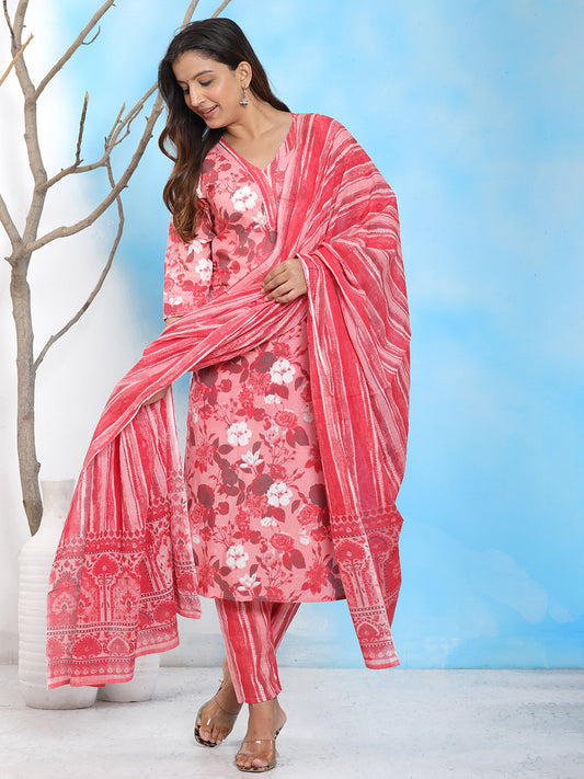 red floral kurta set, cotton kurta with dupatta, festive wear kurta set, ethnic cotton set, party wear kurta, Dupatta Set, > Mitrika