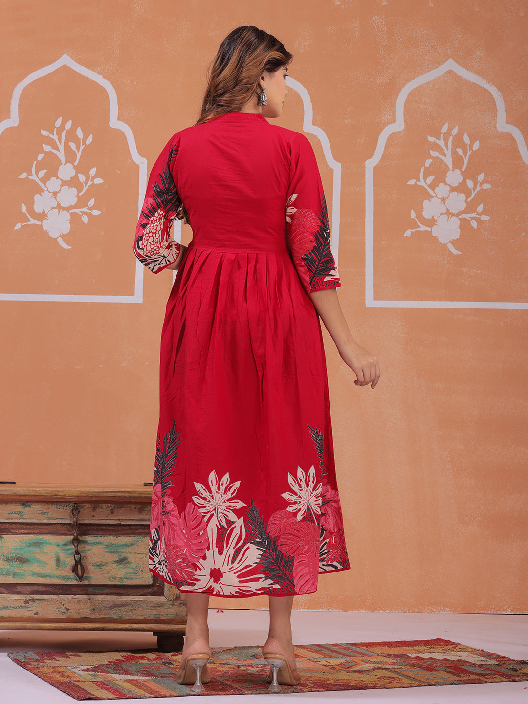 Mitrika women red floral printed mandarin collar dress