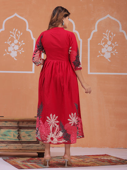 Mitrika women red floral printed mandarin collar dress