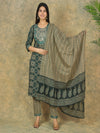 Mitrika Regal Teal Ethnic Print Cotton Kurta Set with Dupatta