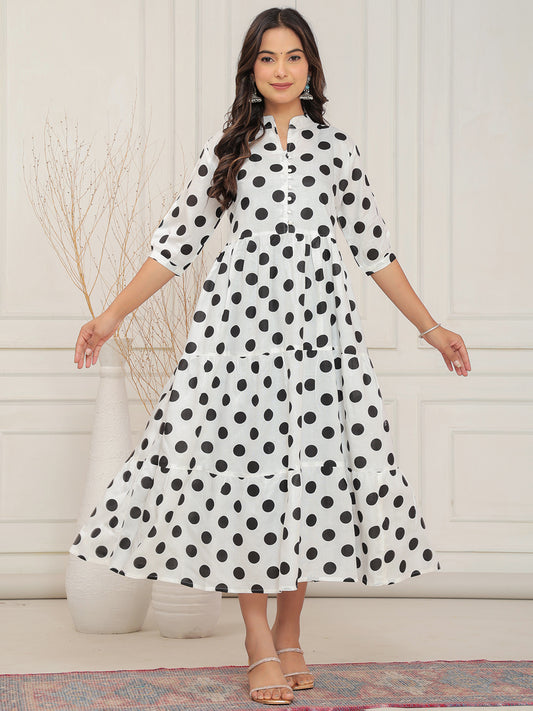 White polka dot dress, black polka dot midi dress, tiered midi dress, retro style dress, vintage polka dots, button down dress, A-line midi dress, flared midi dress, party wear dress, casual summer dress, women’s polka dot dress, 3/4 sleeve midi dress, elegant polka dot outfit, monochrome dress, stylish polka dot attire. > Mitrika
