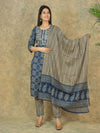 Mitrika Royal Blue & Beige Printed Cotton Kurta Set with Elegant Dupatta