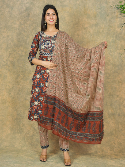Rust blue kurta set, floral cotton kurta, printed kurta with dupatta, ethnic suit set, geometric dupatta set, women’s cotton kurta set > Mitrika