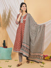 Mitrika Rust Red Floral Printed Cotton Kurta Set with Striped Dupatta