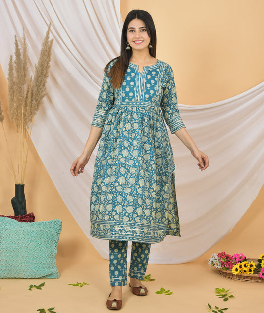 Mitrika Elegant Teal Blue Floral Printed Cotton Kurta Set