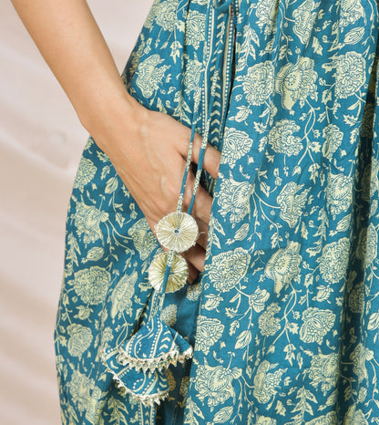 Mitrika Elegant Teal Blue Floral Printed Cotton Kurta Set
