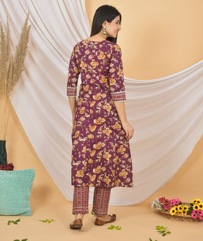 Mitrika Graceful Maroon Floral Printed Cotton Kurta Set with Dupatta