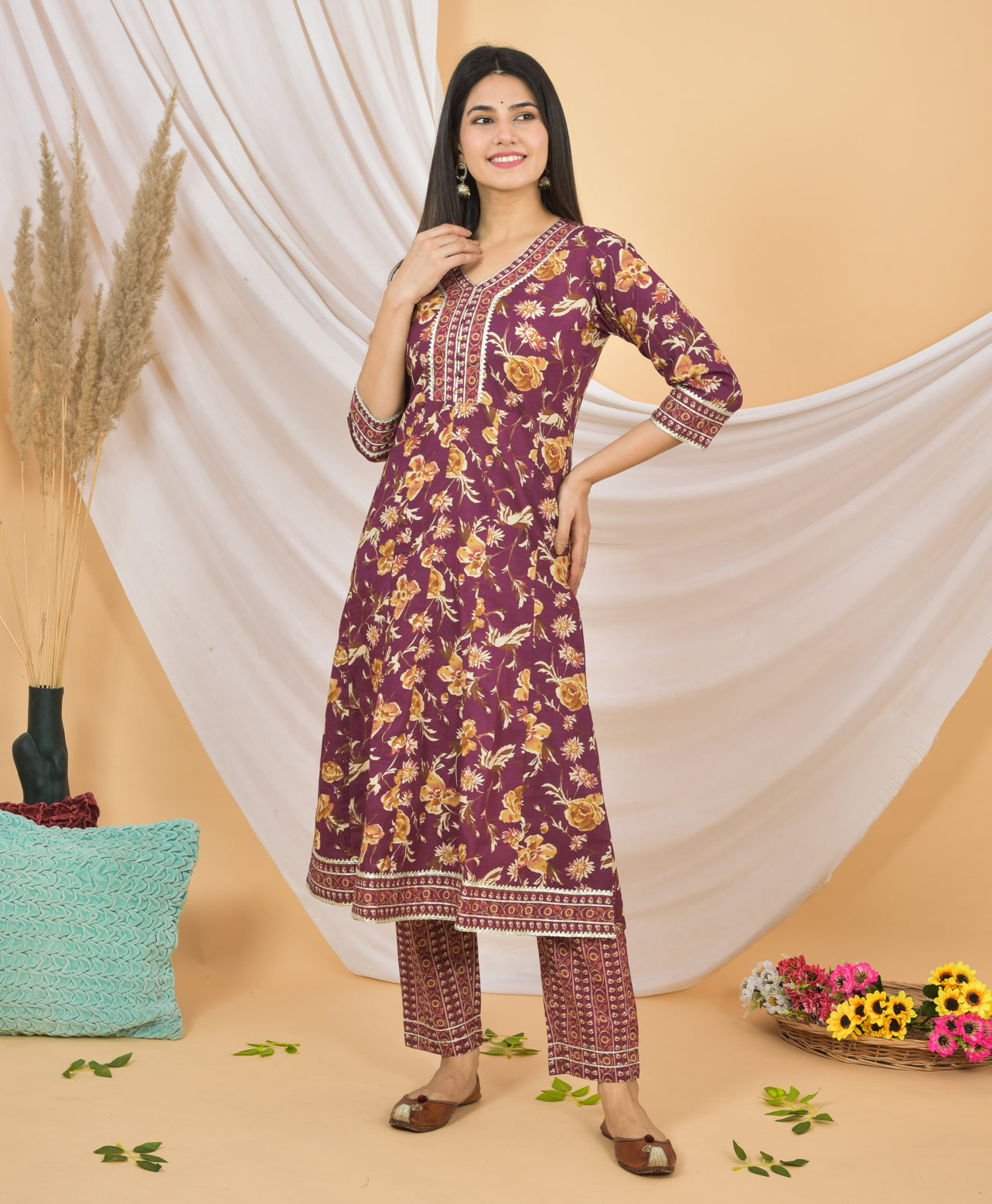 Mitrika Graceful Maroon Floral Printed Cotton Kurta Set with Dupatta