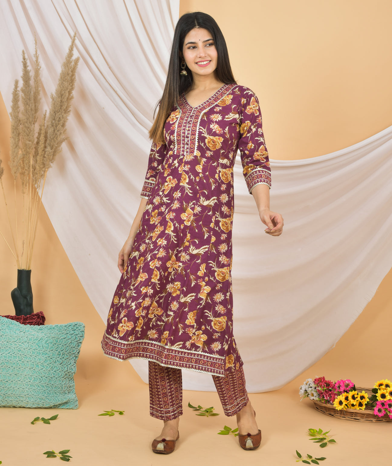 Mitrika Graceful Maroon Floral Printed Cotton Kurta Set with Dupatta