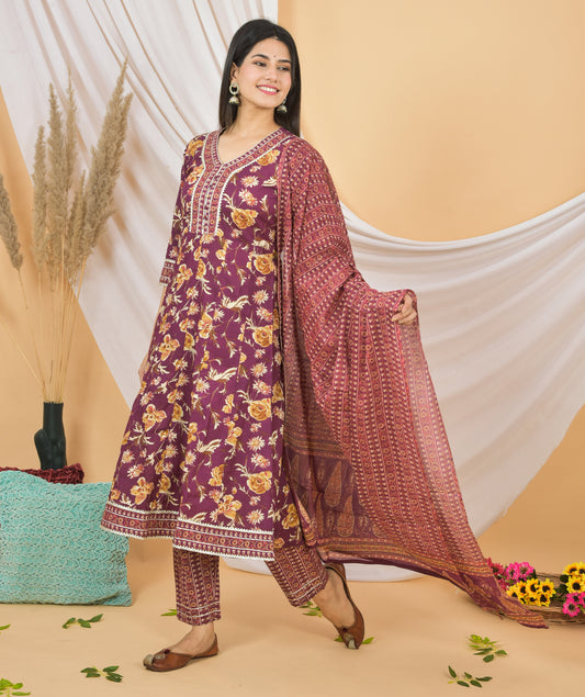 Mitrika Graceful Maroon Floral Printed Cotton Kurta Set with Dupatta
