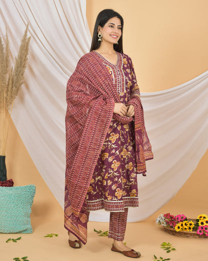 Mitrika Graceful Maroon Floral Printed Cotton Kurta Set with Dupatta