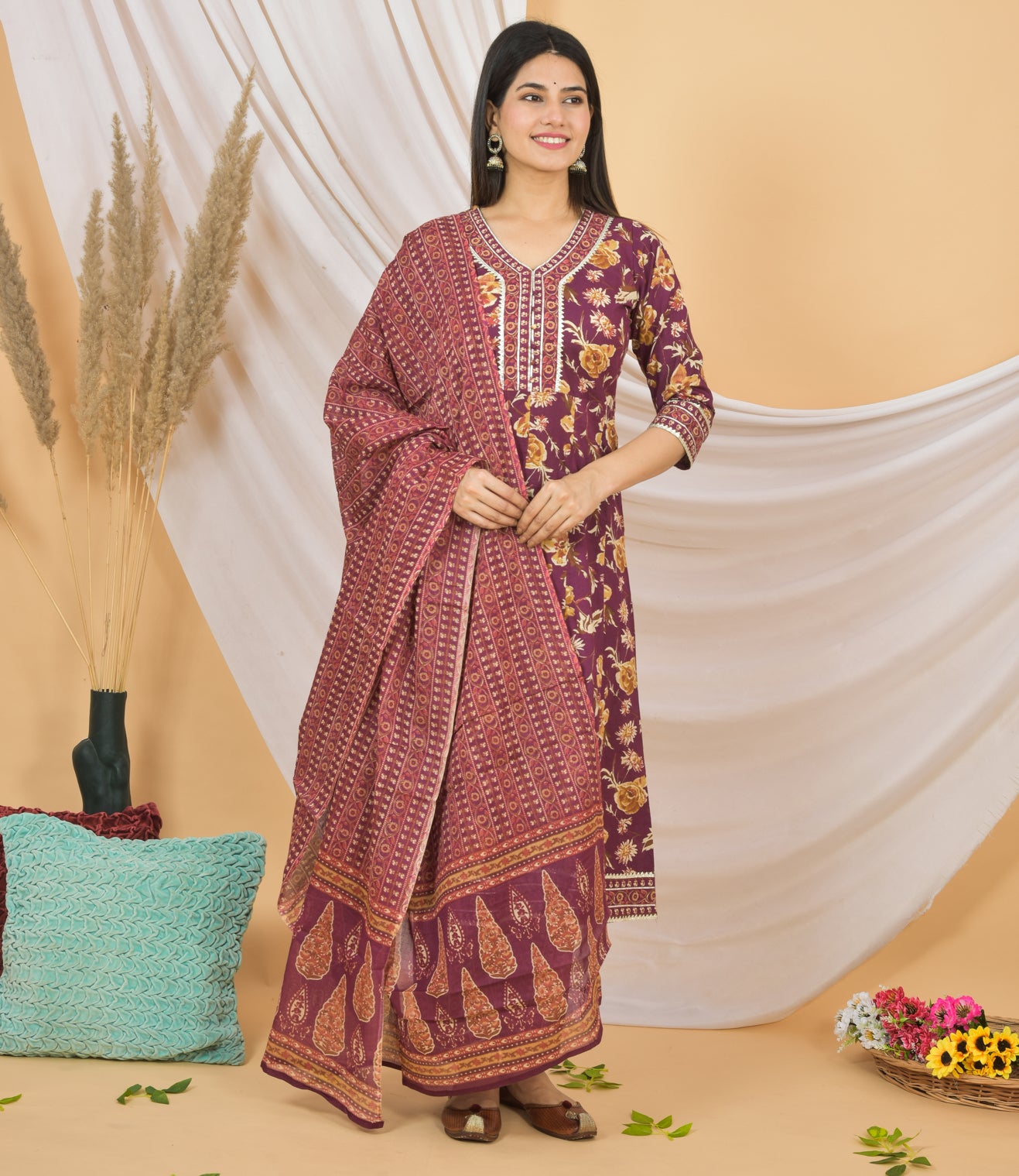 Mitrika Graceful Maroon Floral Printed Cotton Kurta Set with Dupatta