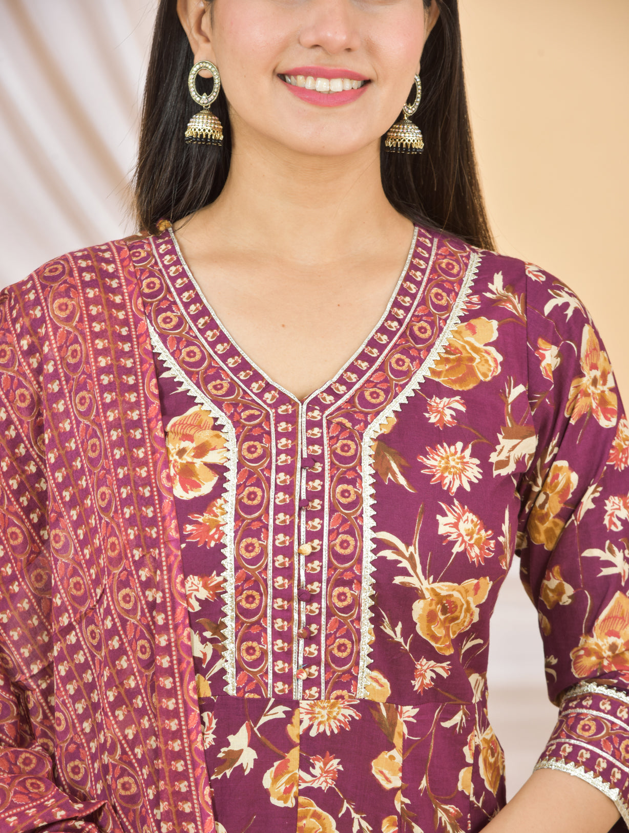 Mitrika Graceful Maroon Floral Printed Cotton Kurta Set with Dupatta