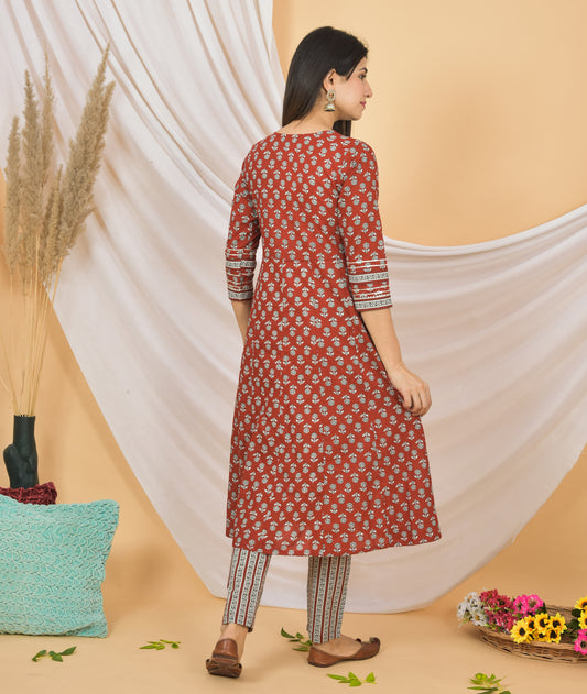 Mitrika Rust Red Floral Printed Cotton Kurta Set with Striped Dupatta