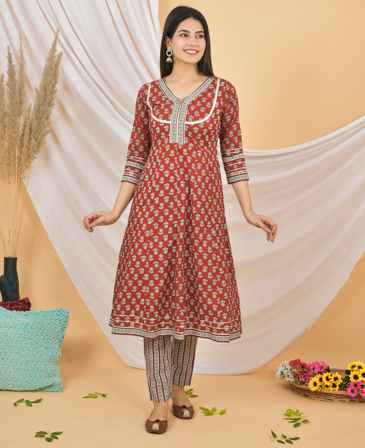 Mitrika Rust Red Floral Printed Cotton Kurta Set with Striped Dupatta