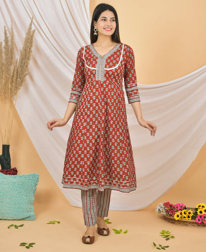 Mitrika Rust Red Floral Printed Cotton Kurta Set with Striped Dupatta