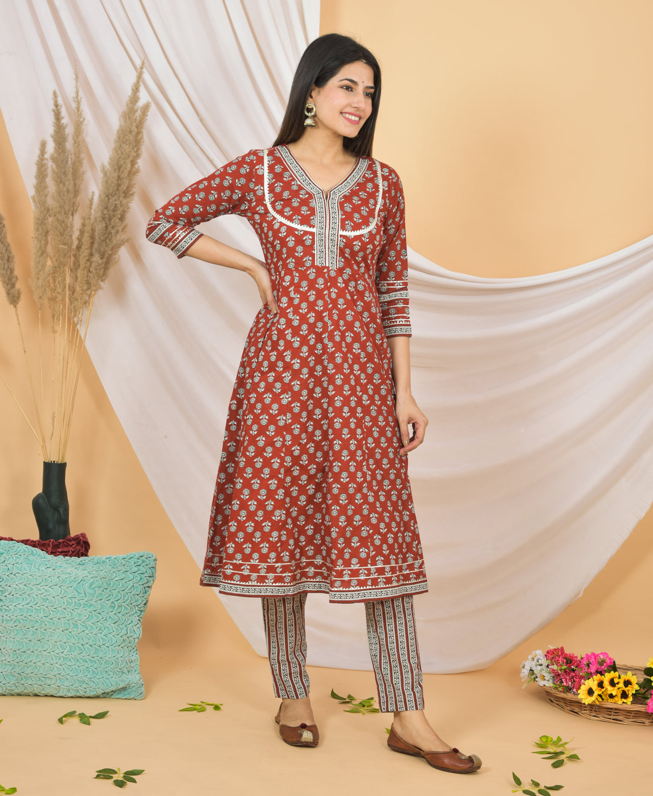Mitrika Rust Red Floral Printed Cotton Kurta Set with Striped Dupatta