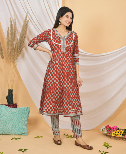 Mitrika Rust Red Floral Printed Cotton Kurta Set with Striped Dupatta