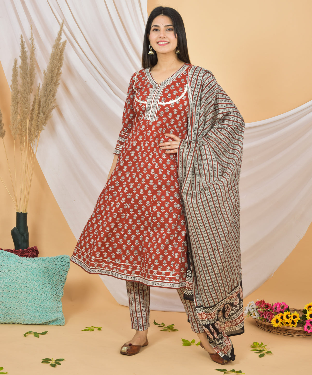 Mitrika Rust Red Floral Printed Cotton Kurta Set with Striped Dupatta