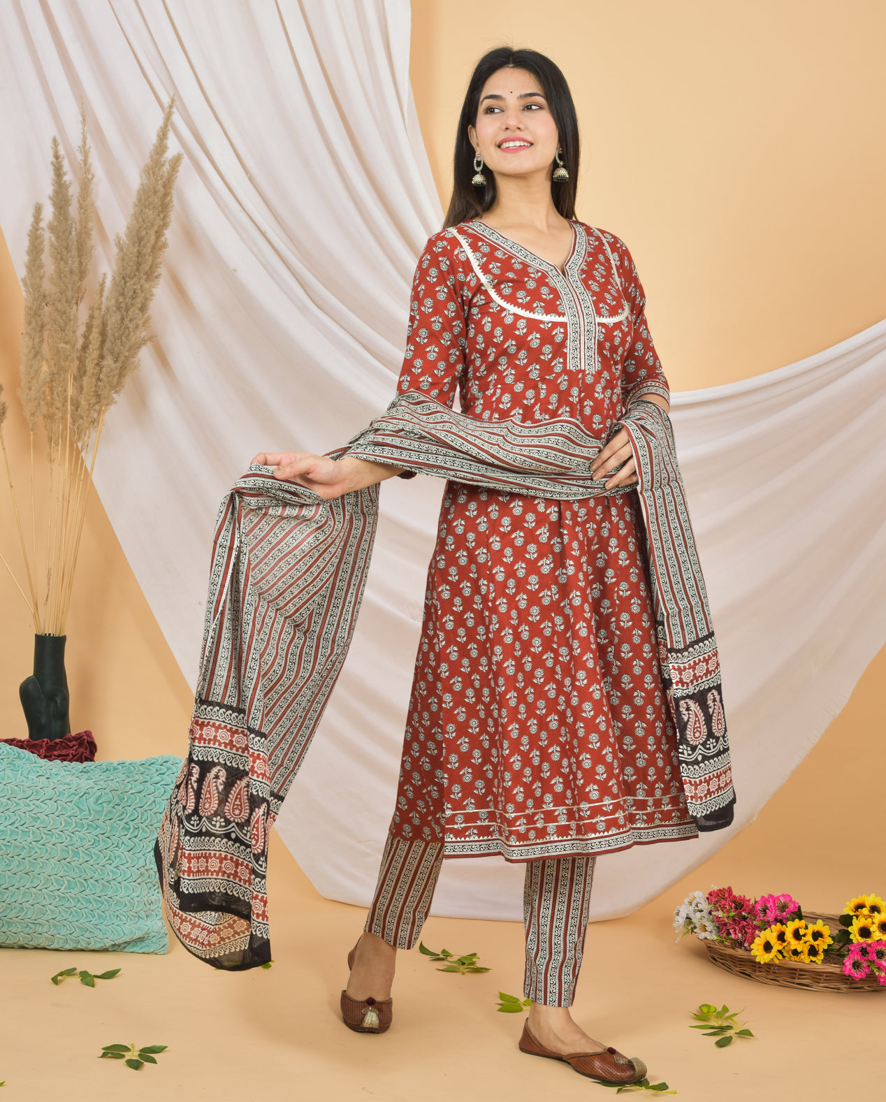 Mitrika Rust Red Floral Printed Cotton Kurta Set with Striped Dupatta