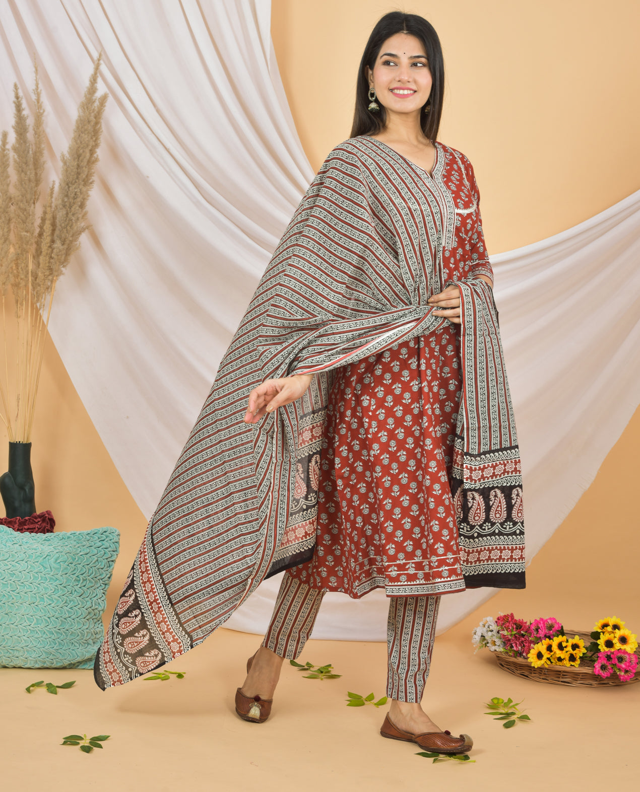 Mitrika Rust Red Floral Printed Cotton Kurta Set with Striped Dupatta