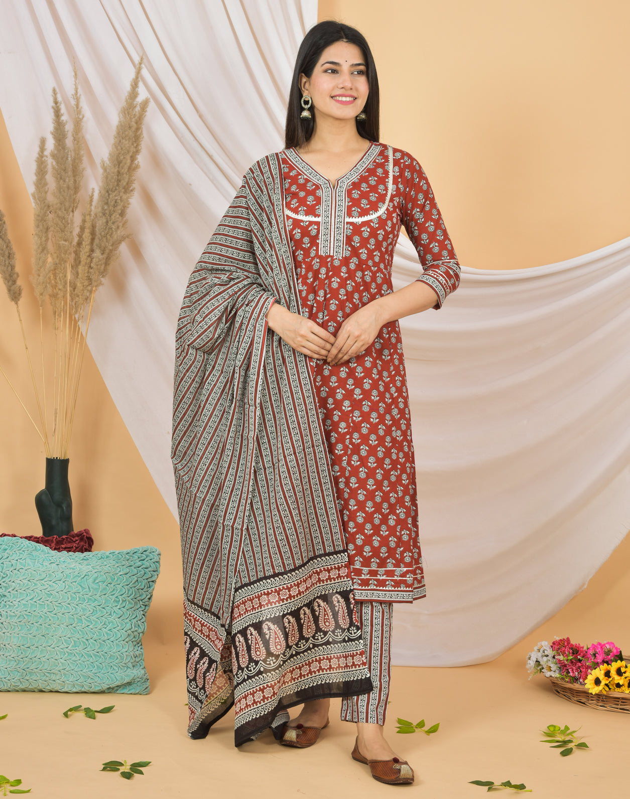 Mitrika Rust Red Floral Printed Cotton Kurta Set with Striped Dupatta