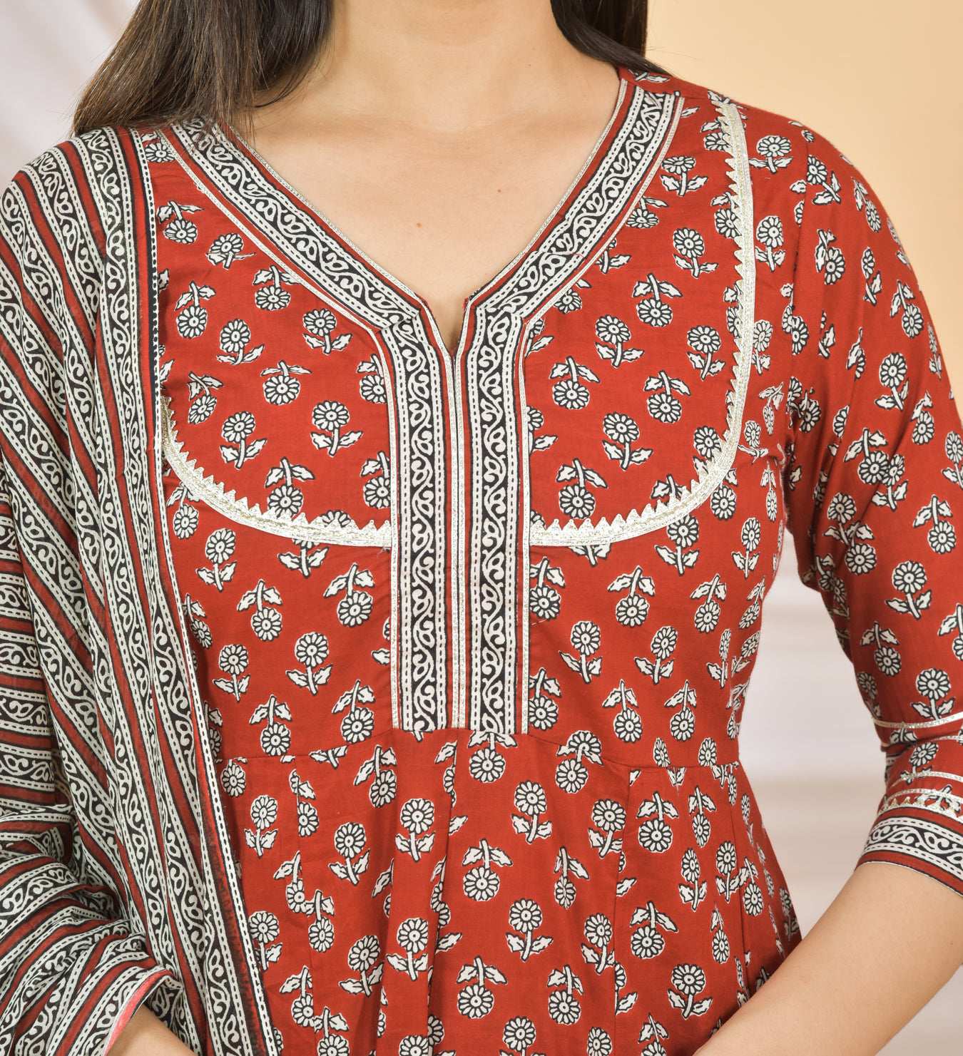 Mitrika Rust Red Floral Printed Cotton Kurta Set with Striped Dupatta